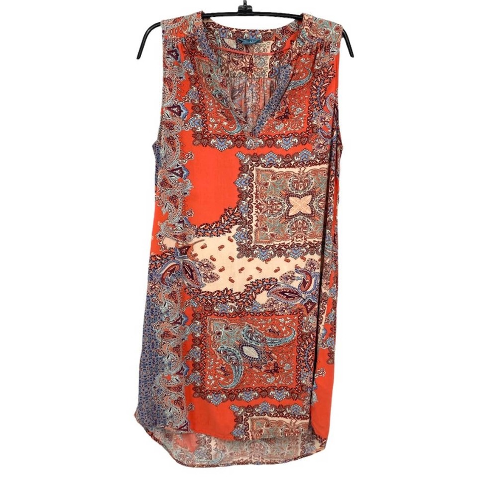 Fleur Bleue Boho Orange Paisley Sleeveless Split Collar V-Neck Tunic Top